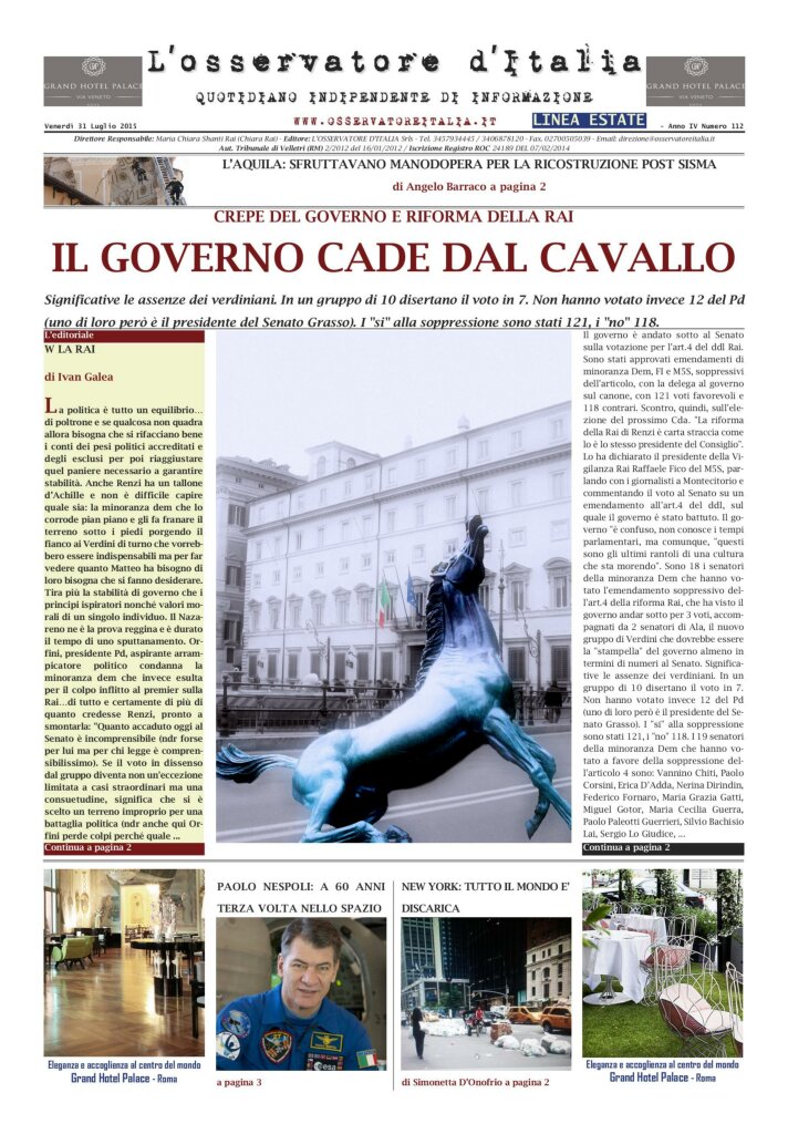 L'osservatore d'Italia edizione del 31 Luglio 2015
